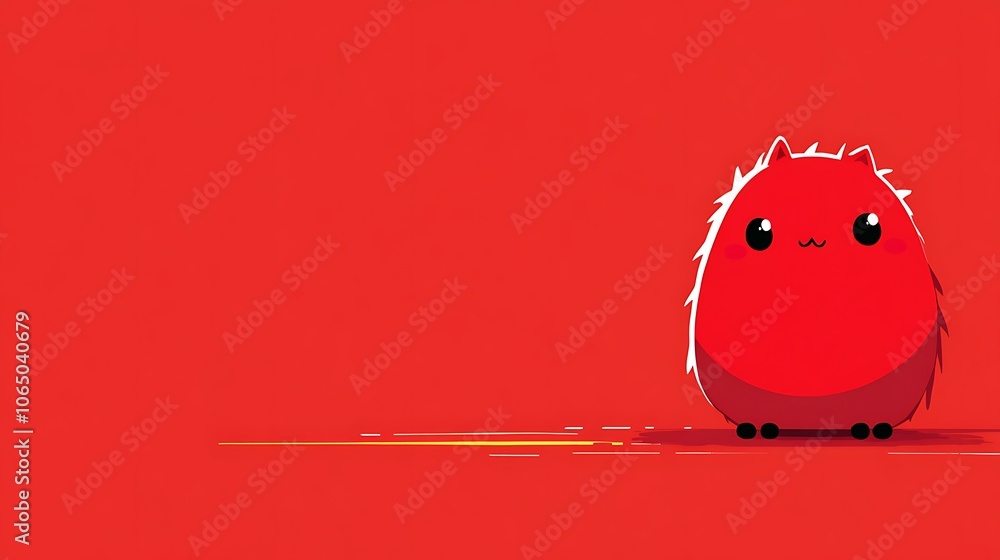 Poster cute red monster with simple lines on deep red background