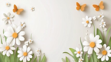 Obraz premium Springtime garden scene in paper cut style with flowers and butterflies around a blank center