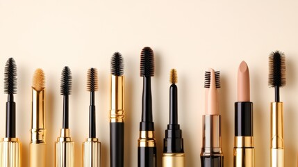 Obraz premium Makeup Brushes and Mascara on Beige Background Beauty Cosmetic Products Beauty Product