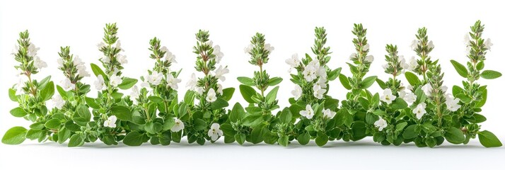 Row of White Flowers and Green Leaves on a White Background