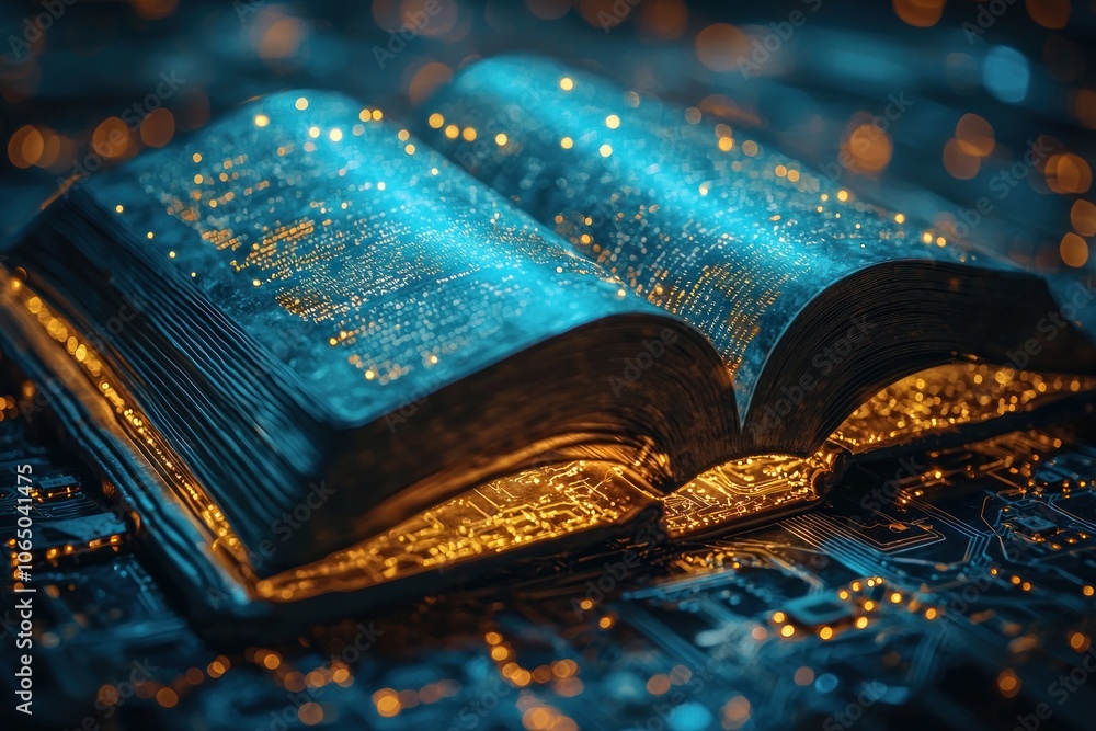 Aufkleber an open book glowing with golden light on a circuit board