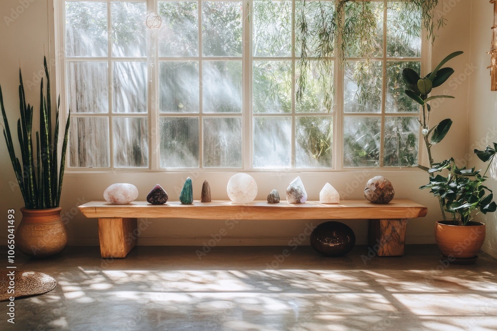 Aufkleber A wooden bench placed near a window is adorned with an array of crystals, surrounded by muted natural light and plants, creating a relaxed and peaceful setting.