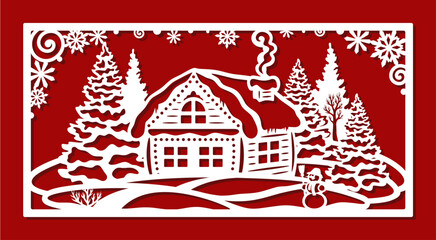 Christmas picture in a rectangular frame. Сarved image of cozy hut in coniferous snowy forest, snowman in snowdrift. Vector template for plotter laser cutting of paper, fretwork, metal engraving, cnc.