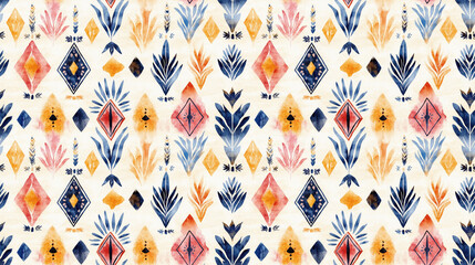 Naklejka premium Seamless watercolor pattern featuring vintage Mexican geometric designs and shaman motifs perfect for fabric and interior decor