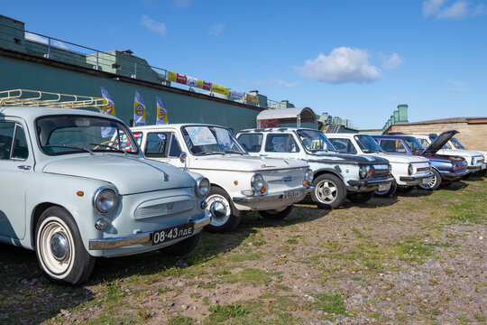 KRONSTADT, RUSSIA - SEPTEMBER 14, 2019: Soviet small cars ZAZ "Zaporozhets" of different models on the "Fortuna-2019" auto festival