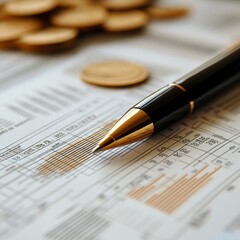 Gold Pen on Financial Spreadsheet with Coins in Background