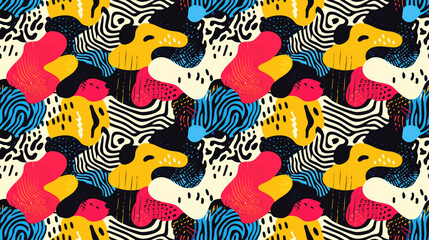 Vibrant seamless pattern of abstract shapes and colors ideal for textile design and digital artwork