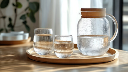 Glass jug and glass with water on wooden tray