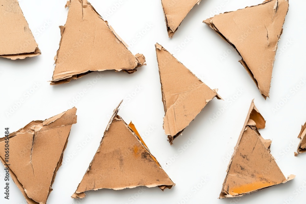 Poster An abstract layout of triangular cardboard pieces with rough edges and varying textures creates a three-dimensional effect, displaying an organic patterning against a light backdrop.