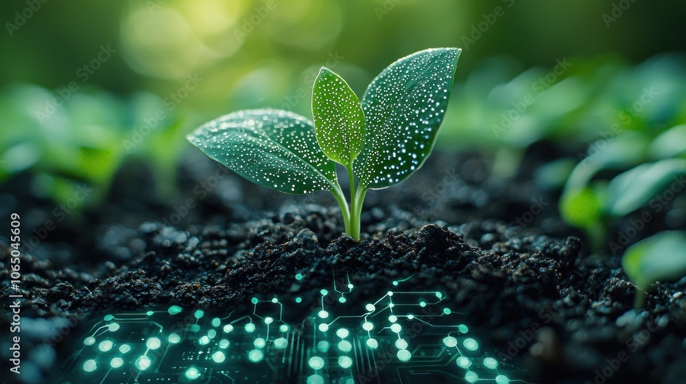 Poster green sprout growing from soil with circuit board background