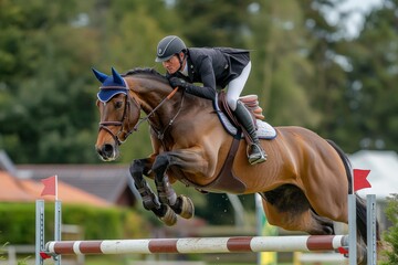 An intense equestrian scene with a focused rider guiding a horse over a high barrier, demonstrating teamwork, expertise, and elegance in an outdoor competition.