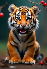 Obraz premium a young tiger cub with vibrant orange and black striped fur, large expressive eyes, and a cute open-mouthed expression against a blurred natural background with red berries