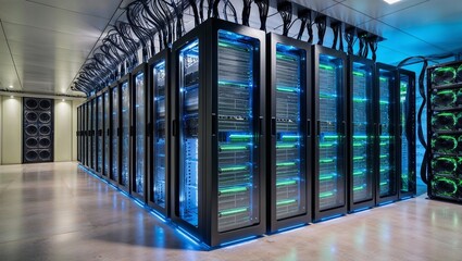 A Sleek and Modern Server Room Filled with Rows of High-Performance Servers for Efficient Data Management and IT Infrastructure