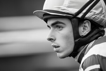 A close-up side profile of a young jockey in racing attire, intently focused on the upcoming competitive horse race, showcasing heightened concentration and readiness.