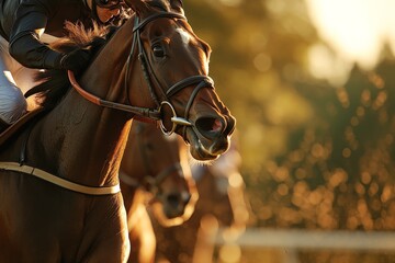 Obraz premium A dynamic close-up of a majestic brown horse captured in the middle of a high-speed racing event, showcasing strength, focus, and the thrill of the competition.