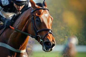 A majestic racehorse captured in a dynamic close-up as it contests in a thrilling competition, exuding power, focus, and athletic elegance on a bright day.