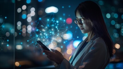 A young businesswoman interacts with her smartphone, overlaid with a digital network graphic, amidst an urban night scene filled with vibrant city lights and a modern, high-tech ambiance.