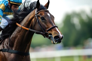 A focused jockey riding an agile horse at high speed, showcasing the intensity and precision of competitive equestrian sports against a vibrant, lush backdrop.