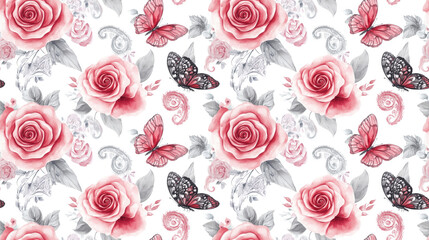 Seamless watercolor pattern featuring hand painted roses peonies paisley designs and butterflies perfect for textiles and home decor