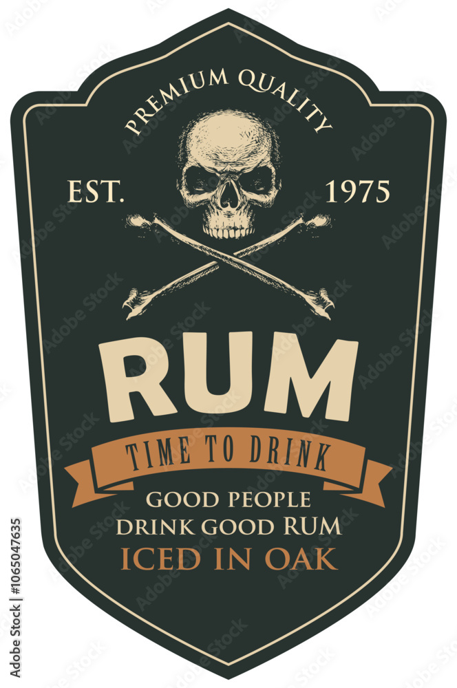 Aufkleber vector labels for rum in figured frames with human skulls and crossbones in retro style. pirates str