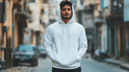 Obraz premium A young Indian man showcases a textured hoodie in a casual pose against a soft urban background