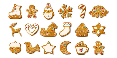 Christmas Gingerbread cookies for xmas celebration. Winter homemade sweets in festive shapes isolated on white background. Cute flat biscuits. Cartoon vector illustration.
