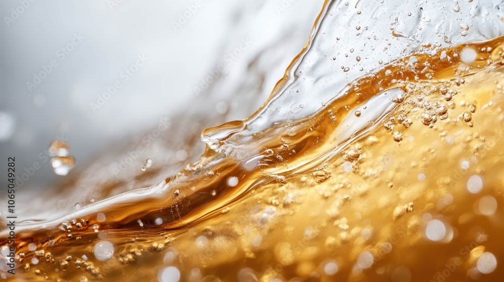 Poster a close-up visualization showing the dynamic movement of an amber-colored liquid with bubbles, captu