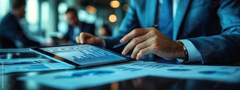 Poster businessman analyzing financial data on tablet and paper documents