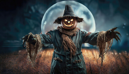 Scary scarecrow in the field. Halloween concept