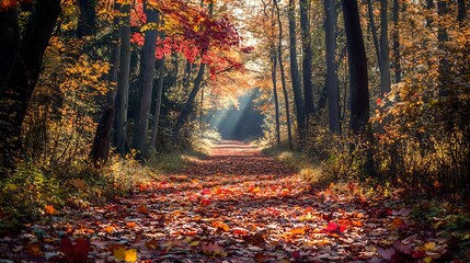 Fototapeta premium Scenic Forest Path with Colorful Autumn Leaves, nature, orange, red, yellow