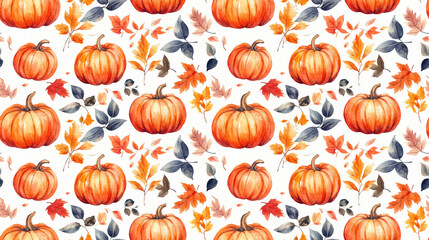 Colorful watercolor pumpkins and leaves in a seamless pattern perfect for Thanksgiving decor and autumn inspired designs