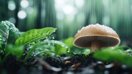 A raindrop-covered mushroom quietly nestled within verdant foliage, amidst the serene ambiance of a forest, embodying tranquility and nature's intricate beauty.