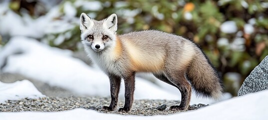 Fototapeta premium Alert Arctic Fox Exhibits Winter Coat Amidst Snowy, Rocky Terrain with Subdued Forest Background