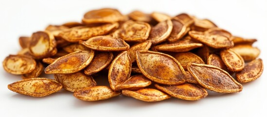 Obraz premium A close-up shot of a pile of roasted pumpkin seeds on a white background.