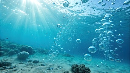 Underwater scene features a vast array of blue and cyan bubbles rising from the seafloor, creating an ethereal ambiance, waves, coral, ocean, aquatic