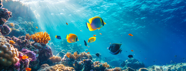 Colorful tropical fish and coral reef in the sea, an underwater landscape with marine life. A colorful background of an oceanic scene with various fish swimming among corals on the blue water surface.