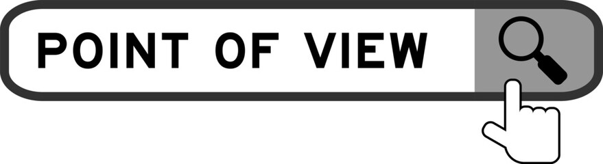 Search banner in word point of view with hand over magnifier icon on white background