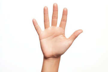 A light-skinned hand with fingers spread wide open against a white background, capturing the essence of openness and friendliness in a simple, clear manner.