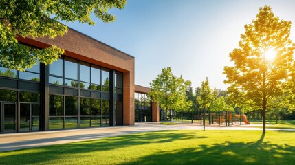 Modern school building with playground in sunny park setting