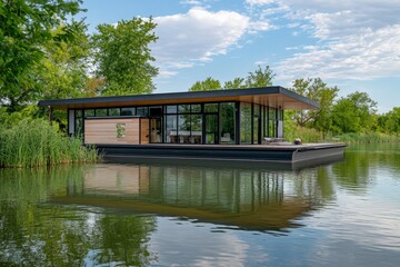 A stunning modern houseboat is beautifully showcased, floating peacefully on calm waters, surrounded by verdant nature, capturing elegance and tranquility.