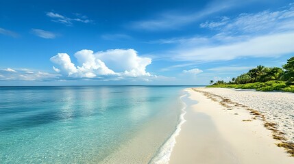 Fototapeta premium Serene White Sandy Beach with Turquoise Sea, horizon, sky, water, sand