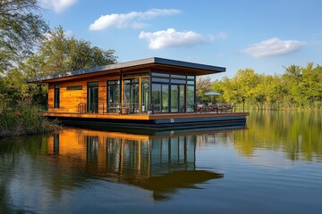Obraz premium A modern floating cabin with wooden exterior, large glass windows, and a deck sits peacefully on a serene lake surrounded by lush green trees under a blue sky.