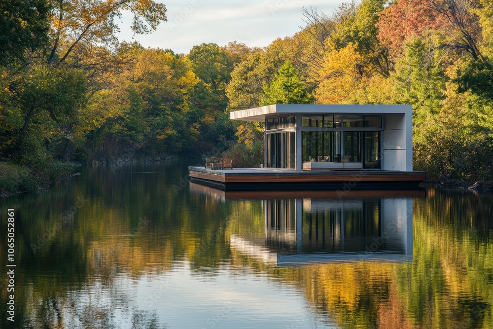 Poster This image captures a white modern floating home reflected in the water surrounded by autumn trees, blending modern architecture with vibrant natural colors.