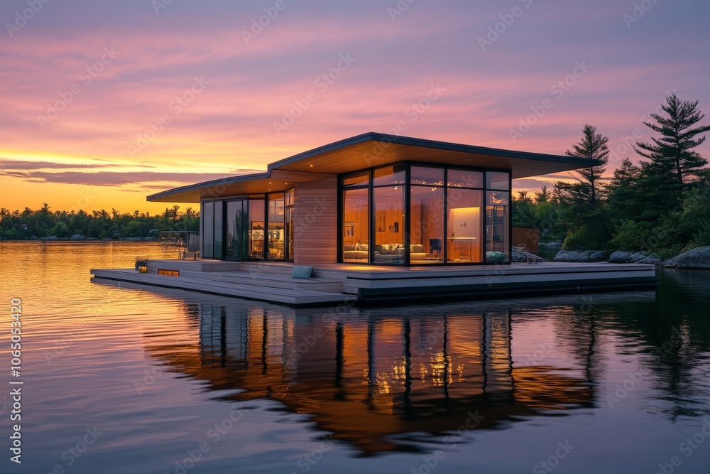 Poster Floating architecture is beautifully illuminated against a vibrant sunset, casting reflections on a tranquil water surface. Its balanced design merges art with the environment.