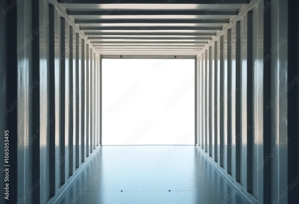Poster empty shipping container interior with light streaming in from open door, creating sense of openness