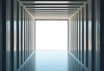 Empty shipping container interior with light streaming in from open door, creating sense of openness and potential. metallic walls reflect light