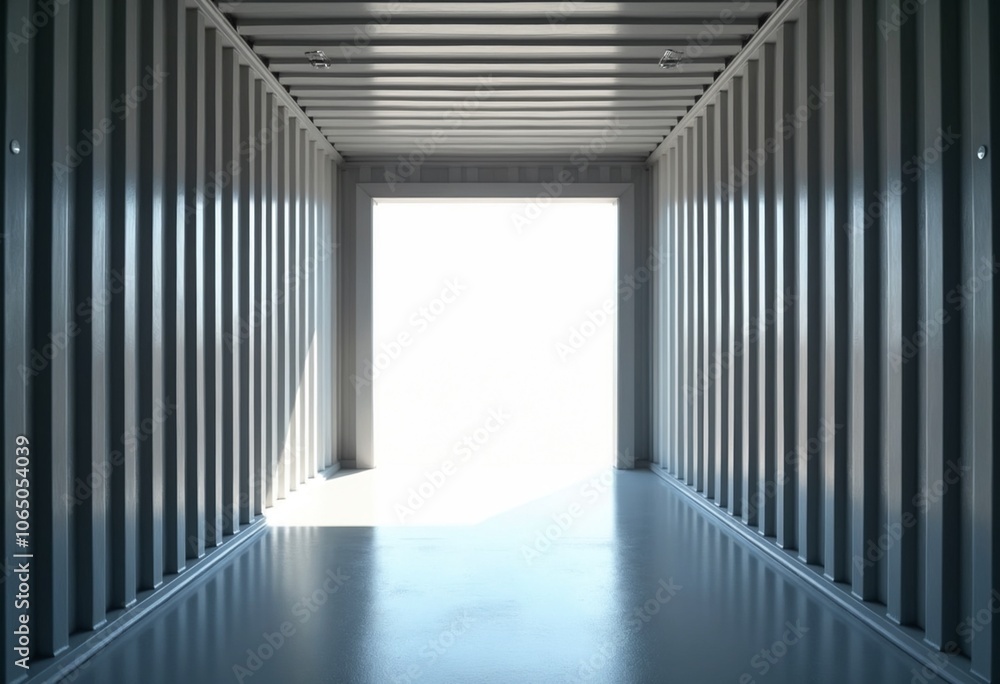 Poster empty shipping container interior with light streaming in from open door, creating sense of openness
