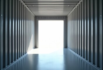 Empty shipping container interior with light streaming in from open door, creating sense of openness and potential. metallic walls reflect light