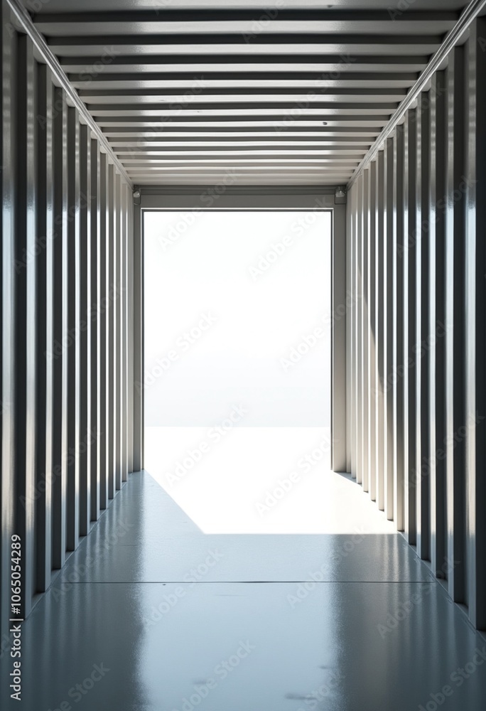 Poster empty shipping container interior with light streaming in from open door, creating sense of openness