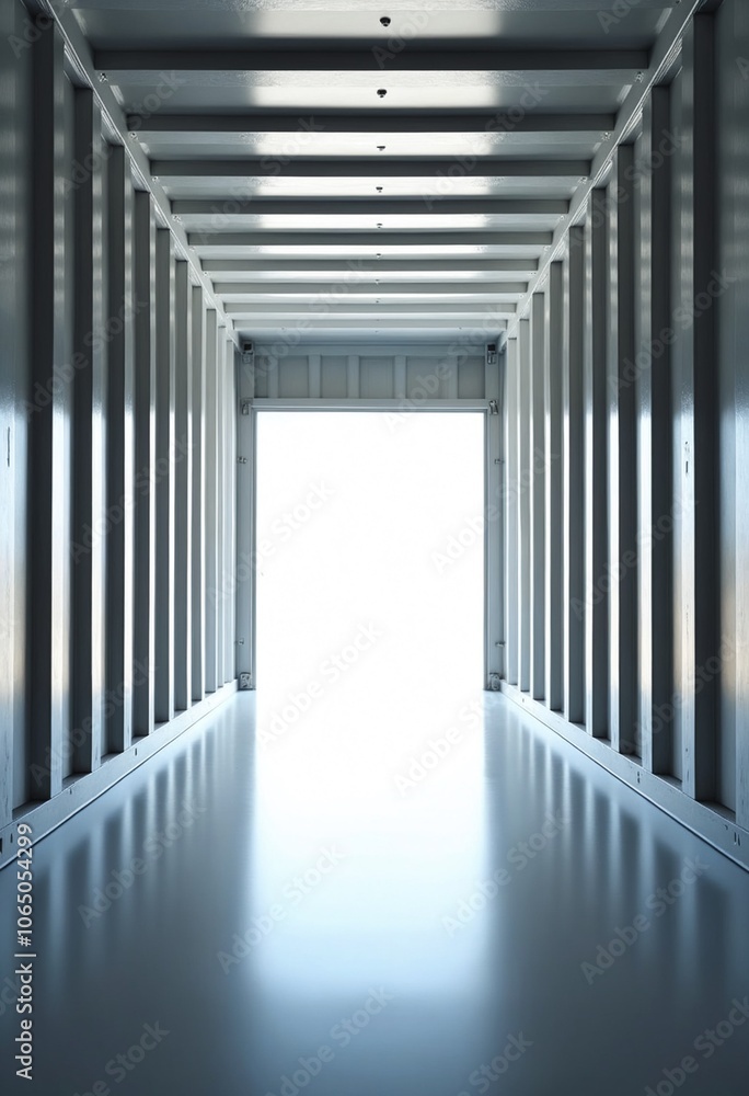 Poster empty shipping container interior with light streaming in from open door, creating sense of openness